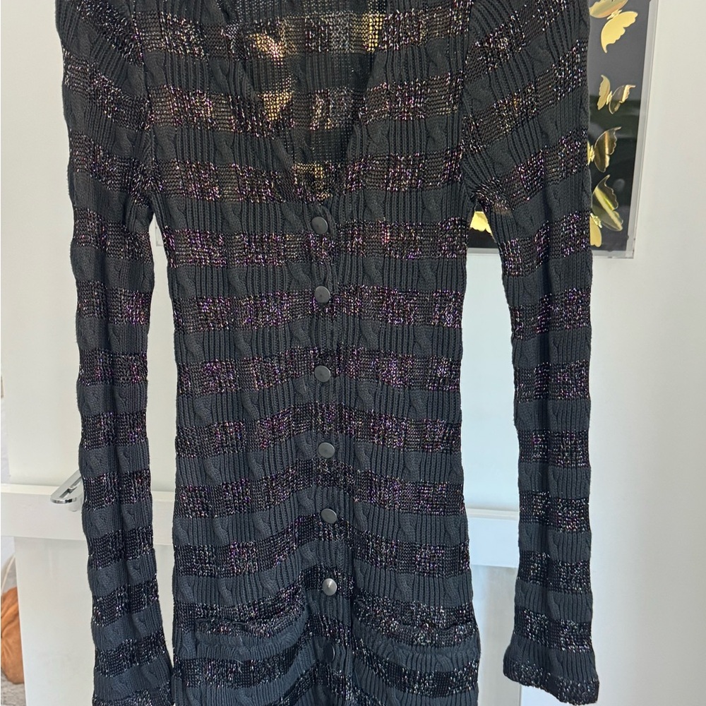 MOSCHINO Black/silver lurex long Button-Up Cardigan sweater sz 6 (stretchy) WOW